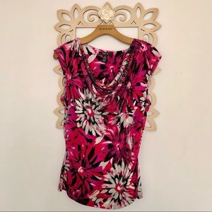 Pink and Black Bead Embellished Floral Sleeveless